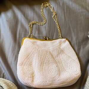 Elegant Beaded Cream Clutch with Gold Chain